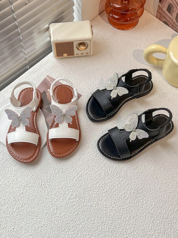 Summer Toddler Girls Sandals White Butterfly Rhinestone Decor Open Toe Comfort Breathable Kids Fashion Shoes For Daily & Party Wear