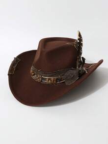 1 pieza Sombrero de vaquero unisex vintage desgastado con decoración de plumas, diseño único hecho a mano, adecuado para eventos con temática del oeste, fiestas, compromisos, cosplay, festivales, festivales de música
