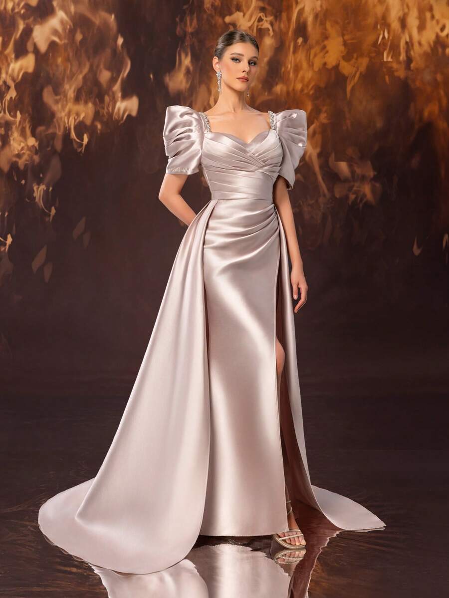 YISIKADO Satiniertes plissiertes Ballkleid Abendkleid Damen Abendrobe mit Schlitz am Oberschenkel, Strass, Rückenschleife, Puffärmeln, Herzausschnitt für Hochzeitsgäste, Geburtstag, Bankett, Abschlussfeier, Jubiläum, Feierlichkeit, Abendkleid, Hochzeitsgast-Kleid, Abendkleid, Formell - Altrosa - Übersicht 1