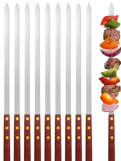 6pcs Thick Stainless Steel Reusable BBQ Skewers With Wooden Handles, Suitable For Yard, Outdoor Camping Barbecue Tools