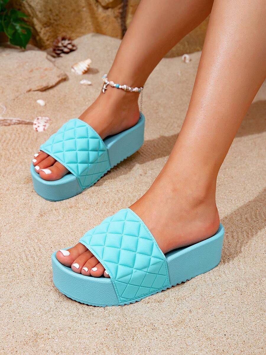 Women's Summer Thick Sole Rhombus Pattern Sandals, Comfortable Casual Beach Slippers