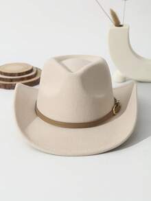 1pc Unisex Belt Decor Boho Cowgirl Hat Cowboy Hat Wide Brim Handmade Fedora Hat Jazz Panama Hat Soft Felt Hat Western Suitable For Daily Use - 米色 - 查看 2