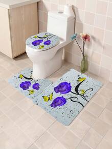 1pc/4pcs Romantic Rose & Butterfly Printed Bathroom Curtain Set, Adds Dreamy Atmosphere To Bathroom. Includes Shower Curtain With 12 Hooks, Bath Rug, U-Shaped Toilet Mat, Toilet Lid Cover, Bathroom Divider, Bathroom Accessories, Bathroom Decor