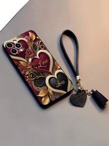 1pc Perforated Floral Heart Design Thickened Shock-Proof Painted Phone Case With Decorative Leather Wrist Strap, DIY Phone Case Accessory Short Wristlet Compatible With Iphone, Galaxy, Redmi - Multicolor - View 5