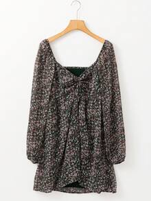 Acelitt 夏季碎花褶皱前片拼布灯笼袖连衣裙