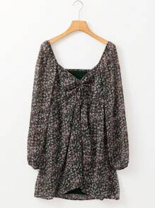 Acelitt Summer Ditsy Floral Shirred Front Patchwork Lantern Sleeve Dress