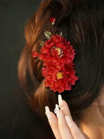 1pc Korean Version Noble And Elegant, Red Silk Flowers Decorative Hair Clips, Long 10cm Color Retention Not Easy To Fall Off Fashionable Elegant Delicate Ladies Girls Hair Combs Decoration Hair Daily Tablet Head Hair Telescopic Large U-Shaped Hair Clips For Ladies Girls Hair Accessories Cute Side Combs Claw Clips Hair Claws Hair Barrettes, School Stuff, New Years