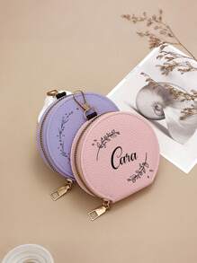 Customized Round Coin Pouch, PU Leather Mini Wallet, Personalized Wreath Text Women's Portable Coin Purse, Multi-Function Student Coin Pouch, Birthday Gift For Friends, Girlfriends