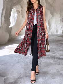 Women's Print & Paisley Pattern Button Down Split Hem Shirt Dress, Spring/Summer - Red - View 1