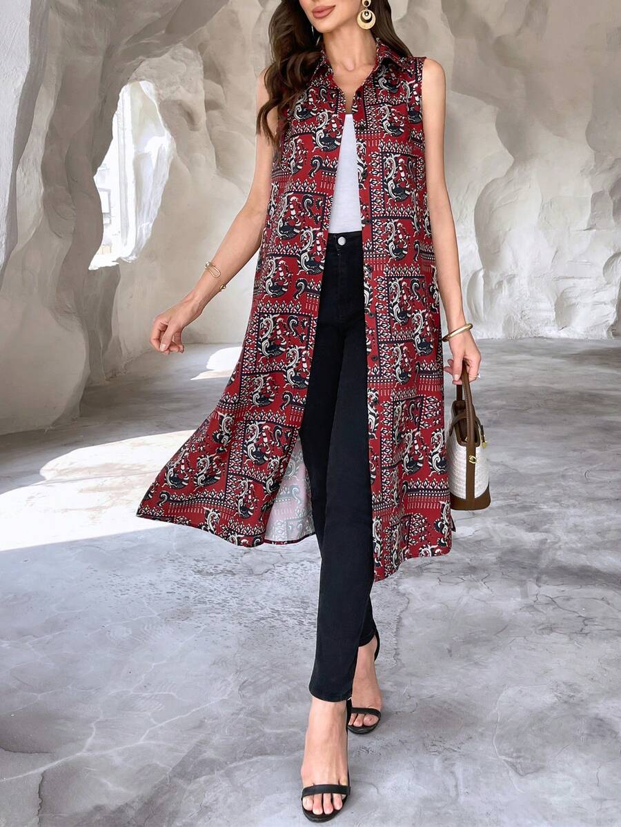 Women's Print & Paisley Pattern Button Down Split Hem Shirt Dress, Spring/Summer - Red - View 1