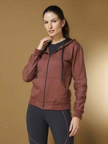 Women's Cold Weather Blouse Sweatshirt Coat With Zipper And Plain Hood Various Colors - 棕色 - 查看 3