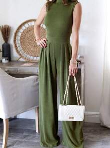 Elegante tuta estiva comoda e casual, color tinta unita minimal, senza maniche, a righe, in maglia jacquard, a gamba larga, adatta a ogni occasione