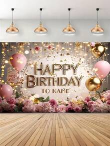 1pc Customizable Polyester Birthday Backdrop, Personalized Rose Gold Star Design DIY Party Wall Decor, Photo Booth Backdrop In 3 Sizes, Back To School - Multicolor - View 5