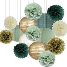 15 件鼠尾草绿色派对装饰品，鼠尾草绿色纸灯笼和绒球花，适用于生日派对送礼会婚礼送礼会装饰 - 燈籠+紙花球 - 查看 5