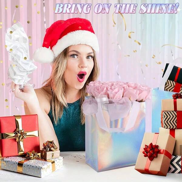 Set de 10 bolsas de regalo reutilizables con efecto brillante iridiscente - Bolsas de tela no tejida impermeables con asas - Bolsas de regalo plegables impermeables con diseño arcoíris, aptas para cumpleaños, Navidad, bodas