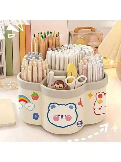 1pc Large Capacity Desk Accessories 360° Rotation Cute Pen Holder Stationery Organizer Pencil Storage Office School Supplies