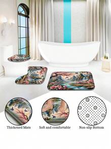 1 peça/4 peças Conjunto de Cortina de Chuveiro com Cenário de Praia Refrescante e Floral, Cria uma Atmosfera Romântica para o Banheiro, Cortina Impressa com 12 Ganchos, Tapete de Banheiro, Tapete em Forma de U para Vaso Sanitário, Tampa de Assento do Vaso Sanitário, Divisória de Banheiro, Acessórios de Banheiro, Decoração de Banheiro
