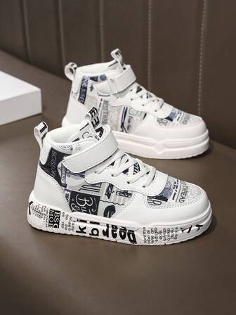 儿童时尚黑白组合随机图案钩环设计运动鞋，舒适适合幼儿散步、上学、户外玩耍、高帮、多功能、跑步鞋