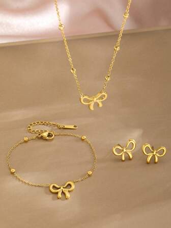 3pcs/Set Exquisite Fashion Gold Stainless Steel Chain Butterfly Pendant Necklace Bracelet & Stud Earrings Suitable For Women's Daily Wear For Friend Gift Giving