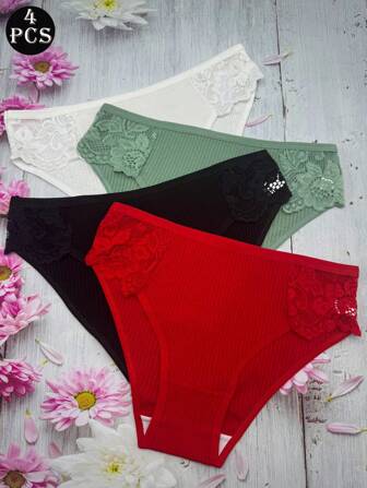 4st/Set Bomullsspets & Ribbstickad Bikinitrosa som andas