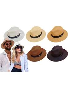 FASHION PANAMA HAT SHANTUNG FEDORA STRAW BLACK BAND QUALITY PROMOTION - Black - View 3