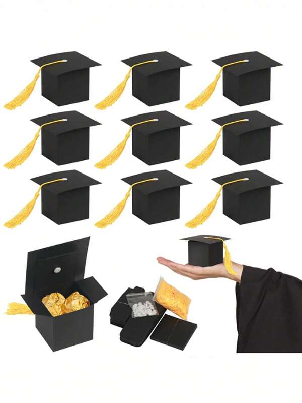5/10 piezas Cajitas de regalo en forma de birrete de graduación, Caja de regalo de galletas, chocolate y dulces para la fiesta de graduación, Decoraciones de mesa de graduación con borlas doradas, Navidad