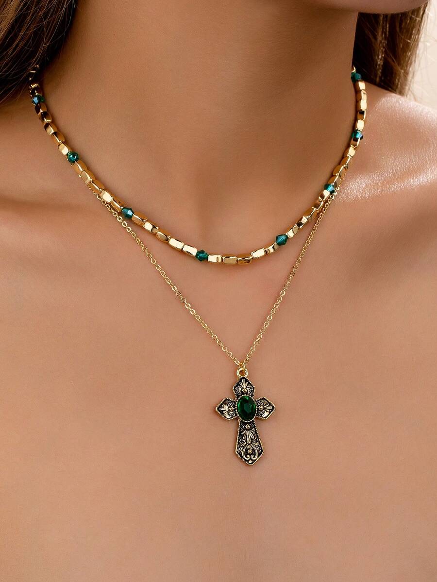 2 Pcs Cross Necklaces Set Glass Crystal Beaded Necklace Women Layering Necklaces Set - Multicolor - View 1