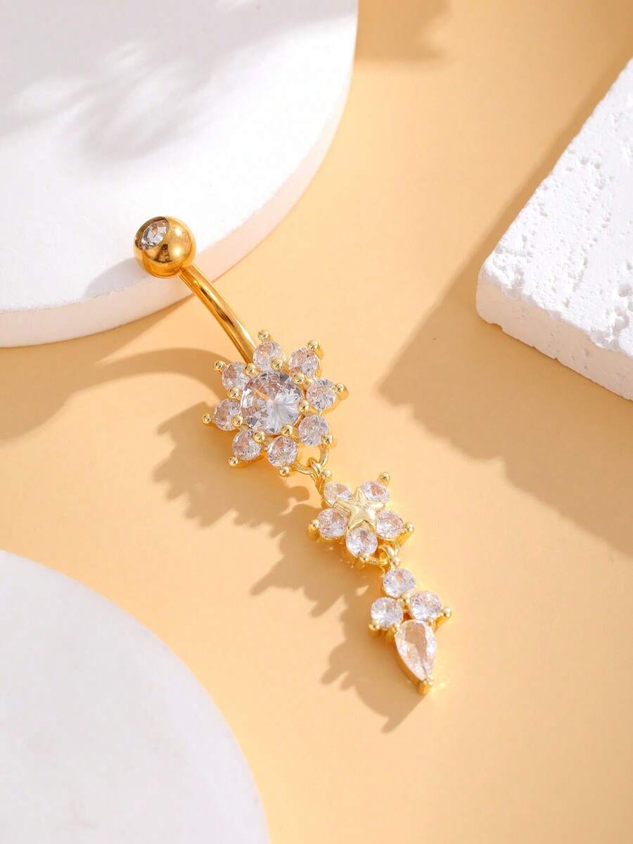 1pc Women's Fashionable Navel Piercing Ring, Sexy Belly Button Ring With Rhinestone Decor - Yellow Gold - View 1
