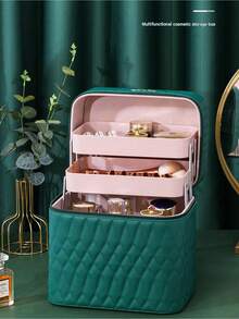 Makeup And Nail Storage Box - Multi-Layer Drawer-Style Cosmetic Organizer, Portable Makeup And Nail Bag, Luxurious Quilted Design, Perfect For Storing Cosmetics And Skincare Products - Pink - View 4
