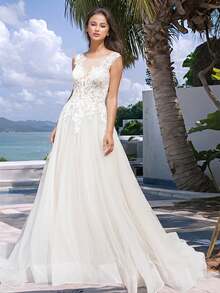 Solid Color Backless V-Neck Sleeveless Dress, Wedding Gown - White - View 2