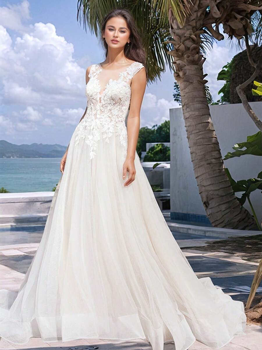 Solid Color Backless V-Neck Sleeveless Dress, Wedding Gown