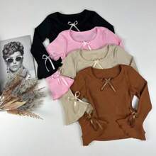Blusinha Infantil Meninas Estilosas Blusa Manga Flare Laço Canelada Lançamento Modinha