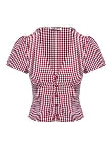 Women Y2k Plaid Button Down Shirt Top Gingham Short Sleeve V Neck Collared T Shirts Crop Tops Summer Slim Fit  Tops Blouse Teen Girl Vintage Aesthetic Clothes Streetwear - 紅色 - 查看 2