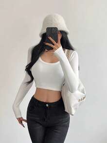 Women's Long Sleeve T-Shirt Ribbed Fabric S M L - White - View 1