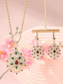 1 Set Fashion French Romantic Elegant Hollow Earrings, Rhinestone Pendant Necklace & Pearl Jewelry Set, Middle East Saudi Arabia Hot-Selling 2pcs Wedding Festival Gift Set For Women - Green - View 5