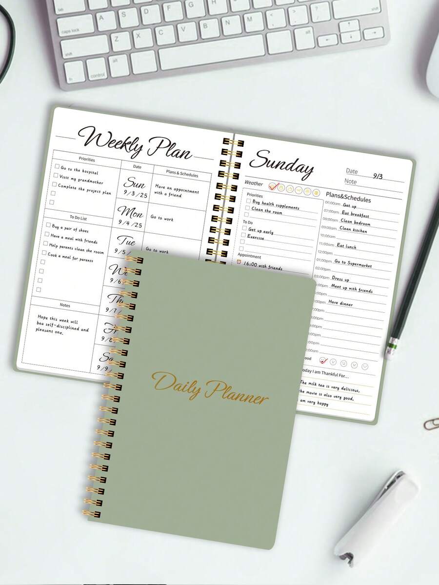 Trees Daily/Weekly Planner Notebook, 7-Day Work Plan, Undated Personal Efficiency Appointment Book, Spiral Bound To-Do List Notebook, Includes Hourly Schedule, Budget Plan And Meal Plan - Green - View 1