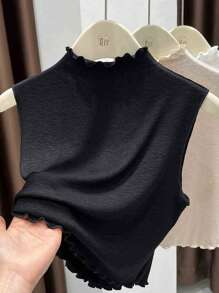 1pc Women's Slim Fit Sleeveless Knit Top With Double Ruffle Hem & Detachable Collar