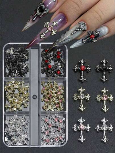 60 pezzi Set di decorazioni per unghie a croce in oro, argento e nero con strass, accessori in lega per arte di unghie, per manicure fai-da-te, forniture per unghie, decorazioni per unghie, gemme per unghie