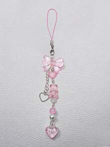 1 件粉色毛绒熊、蝴蝶、心形手机挂饰、可爱卡通风格装饰、女士礼物、手机挂绳、钥匙链 - 粉紅白 - 查看 5