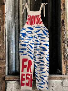 Women's Spring And Summer Fashion Casual Elegant Holiday Style Contrast Color English Letters Latin Fish Printed Imitation Linen Fabric Overall Jumpsuit Casual Vacation Holiday Travel