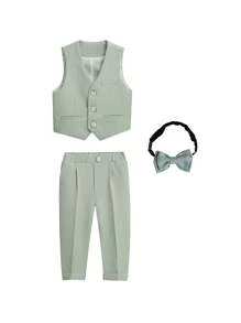 3 Peças/Conjunto Terno Infantil Masculino, Colete + Calça + Gravata Borboleta Combinando, Traje Formal de Festa, Cerimônia, Anfitrião, Terno de Gentleman, Verão