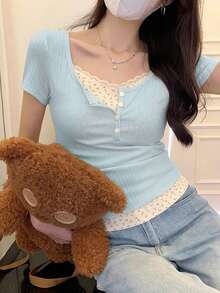 女士纯色纽扣半襟短袖休闲 T 恤，夏季 - 藍色 - 查看 3