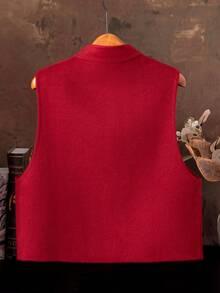 Asymmetric Double Dragon Embroidery Open Front Vest Cardigan, Retro Sleeveless Tang Suit Jacket Top For Women, Front Button Closure, Suitable For Spring/Autumn/Winter, Suitable For Daily/Casual/Holiday/Celebration/Any Occasion