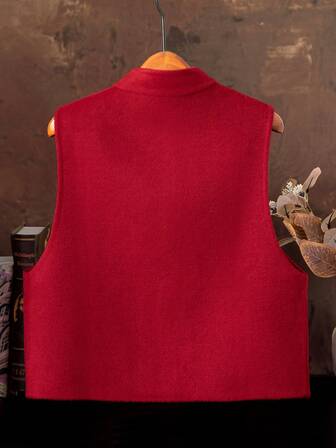 Auspicious Dragon Embroidery Asymmetric Double Dragon Pattern Sleeveless Cardigan Jacket, Vintage Short Red Coat Outerwear. Front Button Closure Cardigan, Suitable For Spring/Autumn/Winter, Ideal For Christmas Eve/Thanksgiving/Christmas/Chinese New Year/New Year's Eve Outfits, Suitable For Daily/Casual/Holiday/Social/Party Occasions