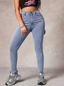 Jeans elásticos casuales ajustados de unicolor para mujer