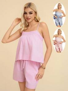Conjunto De Dos Piezas Holgado Y Casual De Color Sólido Para Mujer - Rosa Fucsia - Ver 1