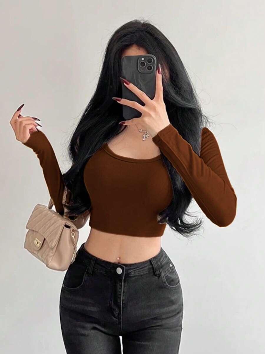 Women's Long Sleeve T-Shirt Ribbed Fabric S M L - Coffee Brown - View 1