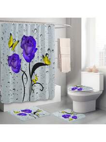 1pc/4pcs Romantic Rose & Butterfly Printed Bathroom Curtain Set, Adds Dreamy Atmosphere To Bathroom. Includes Shower Curtain With 12 Hooks, Bath Rug, U-Shaped Toilet Mat, Toilet Lid Cover, Bathroom Divider, Bathroom Accessories, Bathroom Decor
