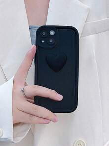 1 pieza Funda de teléfono minimalista mate negra con diseño de corazón 3D, funda de teléfono de silicona resistente a golpes y a la moda, con protección completa de la cámara, funda de teléfono anti-caída gruesa compatible con iPhone - Negro - Ver 4