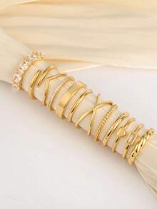 FUNEIA 12Pcs 14K Gold Plated Cubic Zirconia Stackable Rings | Dainty Heart Thumb & Finger Rings For Women, Tarnish-Resistant Minimalist Jewelry Set (Size 6-10) - Vàng - Xem 2